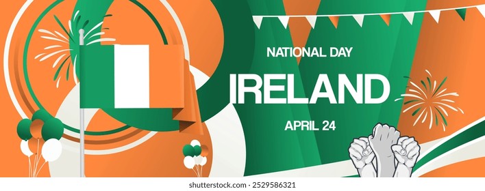 Ireland national day festive banner. Modern background for holiday celebration, greeting card, billboard, sport event backdrops. April 24th. Happy Ireland Independence Day