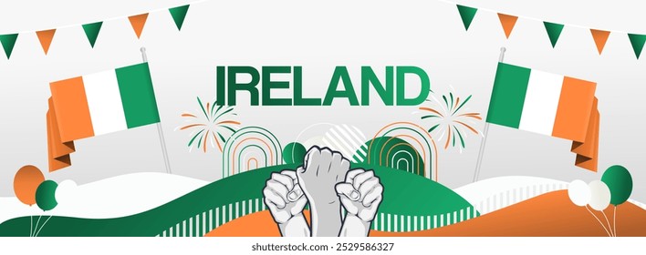 Ireland national day festive banner. Modern background for holiday celebration, greeting card, billboard, sport event backdrops. April 24th. Happy Ireland Independence Day