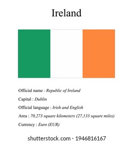 Ireland national flag, country's official name, country area size, official language, capital and currency.