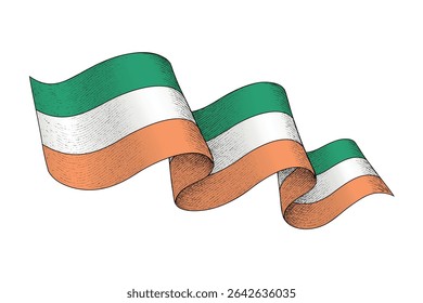 Ireland national flag waving ribbon shape with engraved vintage texture