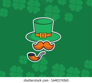 Ireland National Holiday Patrick's Day. Patric's Hat and Mustache With Tobacco Pipe Vector Sticker