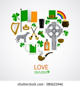 Ireland national traditions icons composition with shamrock leprechaun whisky harp irish terrier vector illustration 