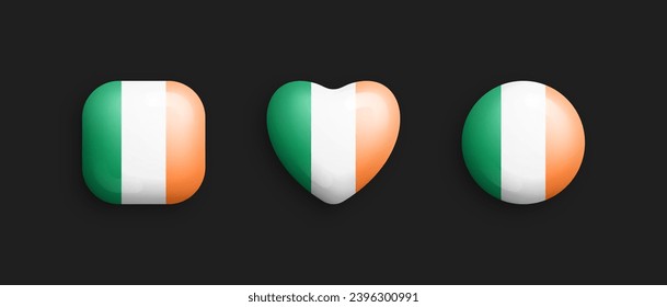 Iconos Glossy De Vector 3D De Bandera Nacional Oficial De Irlanda En Cuadrado Redondo, Forma De Corazón Y Círculo Aislada En Fondo. Signo Y Símbolos Irlandeses Diseño Gráfico Elementos Colección Botones Volátiles