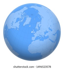 Ireland on the globe. Earth centered at the location of the Republic of Ireland. Map of Ireland. Includes layer with capital cities.