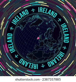 Ireland on a globe with a satellite view of the world centered on Ireland. Bright neon style with a futuristic radial bricks background. Elegant vector illustration.