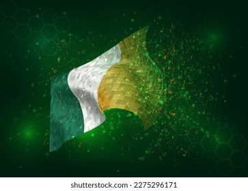 Ireland, on vector 3d flag on green background with polygons and data numbers