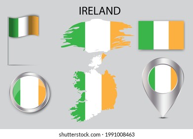 Ireland pin flag set. Travel vector icon. National flag graphic design. Vector illustration. Stock image.