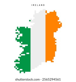 Ireland pixel flag map icon. 8 bit pixel art Irish map covered with flag. Flat vector illustration isolated on white background.