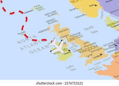 Ireland with plane and dashed line on europe map, close up Ireland, vacation and road trip concept, pinned destination, travel idea, colorful map with location icon, top view