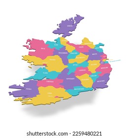 Ireland political map of administrative divisions - counties and cities. 3D colorful vector map with name labels.