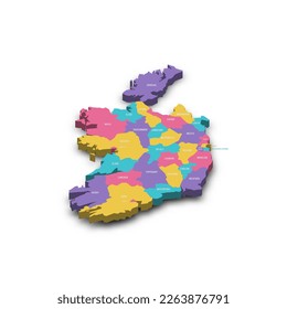 Ireland political map of administrative divisions - counties and cities. Colorful 3D vector map with dropped shadow and country name labels.