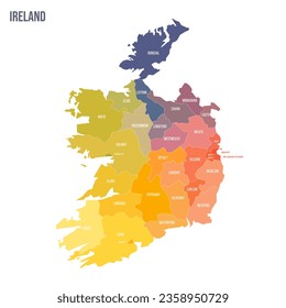 Ireland political map of administrative divisions - counties and cities. Colorful spectrum political map with labels and country name.