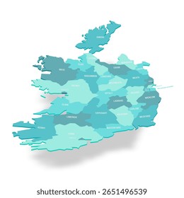 Mapa político da Irlanda de divisões administrativas - condados e cidades. Mapa de vetor turquesa 3D com rótulos de nome.
