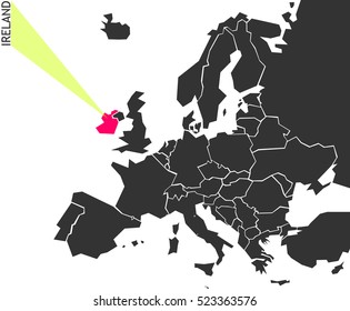 Ireland - political map of Europe with marked state. Marker looks like ray of light. (vector illustration)