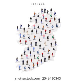Ireland population map. Large group of realistic a diverse crowd of people figures in a shape of Irish map. Flat vector illustration isolated on white.