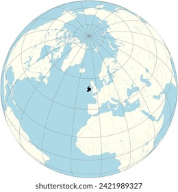 Ireland presented at the center of the orthographic projection of the world map, has lush green landscapes and Celtic heritage, located in Europe