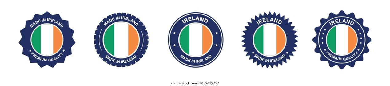 ireland product label set. ireland flag, premium made in ireland . Labels, seals, stamps, flags, icons