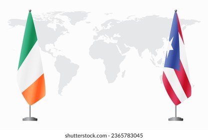 Ireland and Puerto Rico flags for official meeting against background of world map.