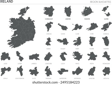 Ireland region silhouettes set and blank map of the country isolated on white background. Vector illustration design