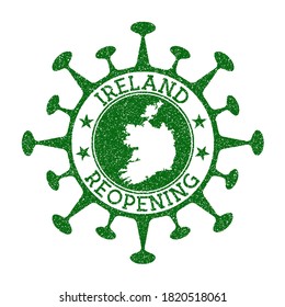 Ireland Reopening Stamp. Green round badge of country with map of Ireland. Country opening after lockdown. Vector illustration.