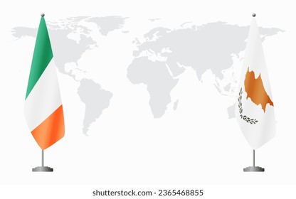 Ireland and Republic of Cyprus flags for official meeting against background of world map.