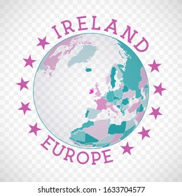 Ireland round logo. Badge of country with map of Ireland in world context. Country sticker stamp with globe map and round text. Appealing vector illustration.