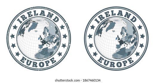 Ireland round logos. Circular badges of country with map of Ireland in world context. Plain and textured country stamps. Vector illustration.