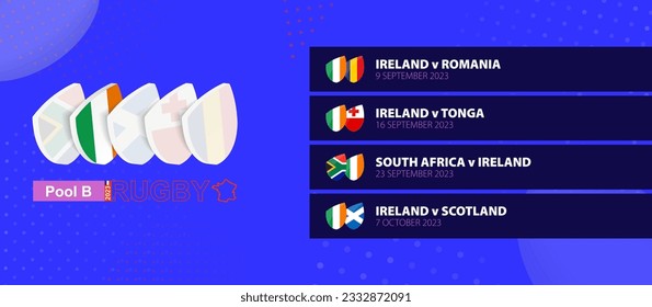 Ireland rugby national team schedule matches in group stage of international rugby competition. Vector set.