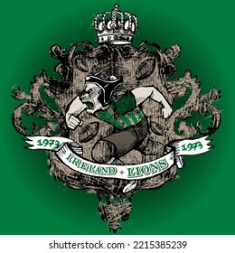 Ireland rugby team emblem with a lion rugby player running in the middle. On the top a vintage crown. Animal sports mascot illustration concept.