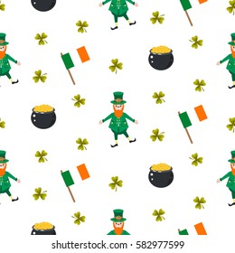 Ireland Saint Patrick vector seamless pattern. Leprechaun in green costume, pot with gold coins and Irish flag tileable background.