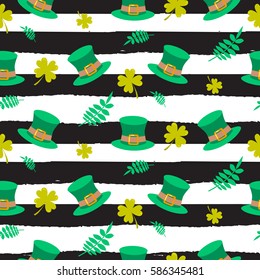 Ireland Saint Patrick vector striped seamless pattern. Leprechaun green hat with leaves on black and white striped tileable background.