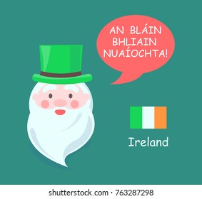 Ireland Santa Claus banner with phrase translation of happy New Year greeting phrase, icon of flag, and old man in hat isolated on vector illustration