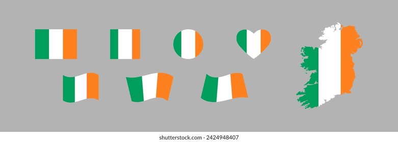 Ireland set map and flag. Isolated icon of collection of national symbols. Vector illustration