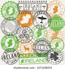 Ireland Set of Stamps. Travel Passport Stamp. Made In Product. Design Seals Old Style Insignia. Icon Clip Art Vector.