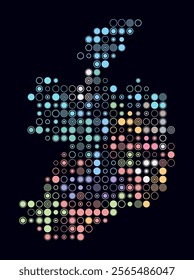 Ireland, shape of the country build of colored cells. Digital style map of the Ireland on dark background. Large size circle blocks. Vibrant vector illustration.