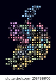 Ireland, shape of the country build of colored cells. Digital style map of the Ireland on dark background. Large size square blocks. Plain vector illustration.