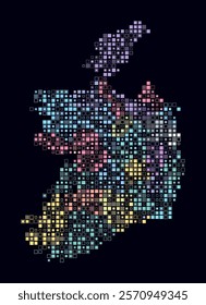 Ireland, shape of the country built of colored cells. Digital style map of Ireland on dark background. Small size square blocks. Awesome vector illustration.