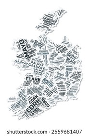 Ireland shape text cloud. Country border with shadow on white background. Ireland with regions division in vintage gazette style. Vibrant vector illustration.