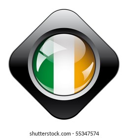 Ireland shiny button flag with black frame -  vector illustration. Isolated abstract object against white background.