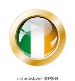 Ireland shiny button flag with golden ring vector illustration. Isolated abstract object against white background.