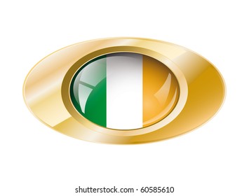Ireland shiny button flag with golden ring vector illustration. Isolated abstract object against white background.