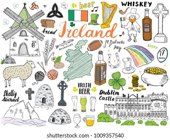 Ireland Sketch Doodles. Hand Drawn Irish Elements Set with flag and map of Ireland, Celtic Cross, Castle, Shamrock, Celtic Harp, Mill and Sheep, Whiskey Bottles and Irish Beer, Vector Illustration.