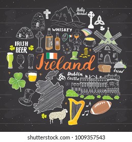 Ireland Sketch Doodles. Hand Drawn Irish Elements Set with flag and map of Ireland, Celtic Cross, Castle, Shamrock, Celtic Harp, Mill and Sheep, Whiskey Bottles and Irish Beer, Vector on chalkboard.