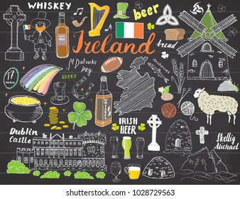 Ireland Sketch Doodles. Hand Drawn Irish Elements Set with flag and map of Ireland, Celtic Cross, Castle, Shamrock, Celtic Harp, Mill and Sheep, Whiskey Bottles and Irish Beer, Vector on chalkboard.