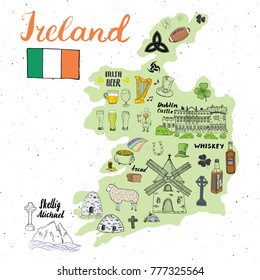 Ireland Sketch Doodles. Hand Drawn Irish Elements Set with flag and map of Ireland, Celtic Cross, Castle, Shamrock, Celtic Harp, Mill and Sheep, Whiskey Bottles and Irish Beer, Vector Illustration.