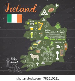 Ireland Sketch Doodles. Hand Drawn Irish Elements Set with flag and map of Ireland, Celtic Cross, Castle, Shamrock, Celtic Harp, Mill and Sheep, Whiskey Bottles and Irish Beer, Vector on chalkboard.