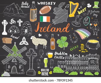 Ireland Sketch Doodles. Hand Drawn Irish Elements Set with flag and map of Ireland, Celtic Cross, Castle, Shamrock, Celtic Harp, Mill and Sheep, Whiskey Bottles and Irish Beer, Vector on chalkboard.