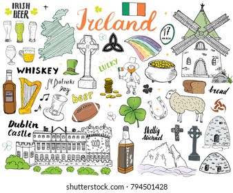 Dibujo de Irlanda Doodles. Elementos irlandeses dibujados a mano con bandera y mapa de Irlanda, Cruz Celta, Castillo, Shamrock, Arpa Celta, Molino y Oveja, Botellas Whiskey y Cerveza Irlandesa, Ilustración Vectorial.