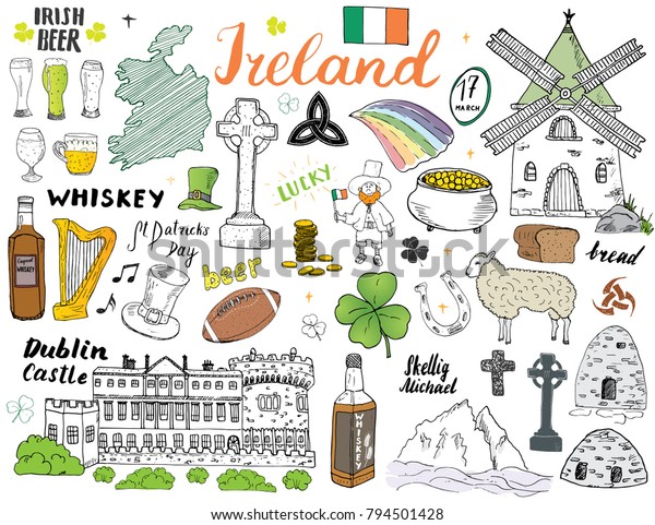 Dibujo de Irlanda Doodles. Elementos irlandeses dibujados a mano con ...