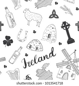 Ireland Sketch Doodles Seamless Pattern. Irish Elements with flag and map of Ireland, Celtic Cross, Castle, Shamrock, Celtic Harp, Mill and Sheep, Whiskey Bottles and Irish Beer, Vector Illustration.